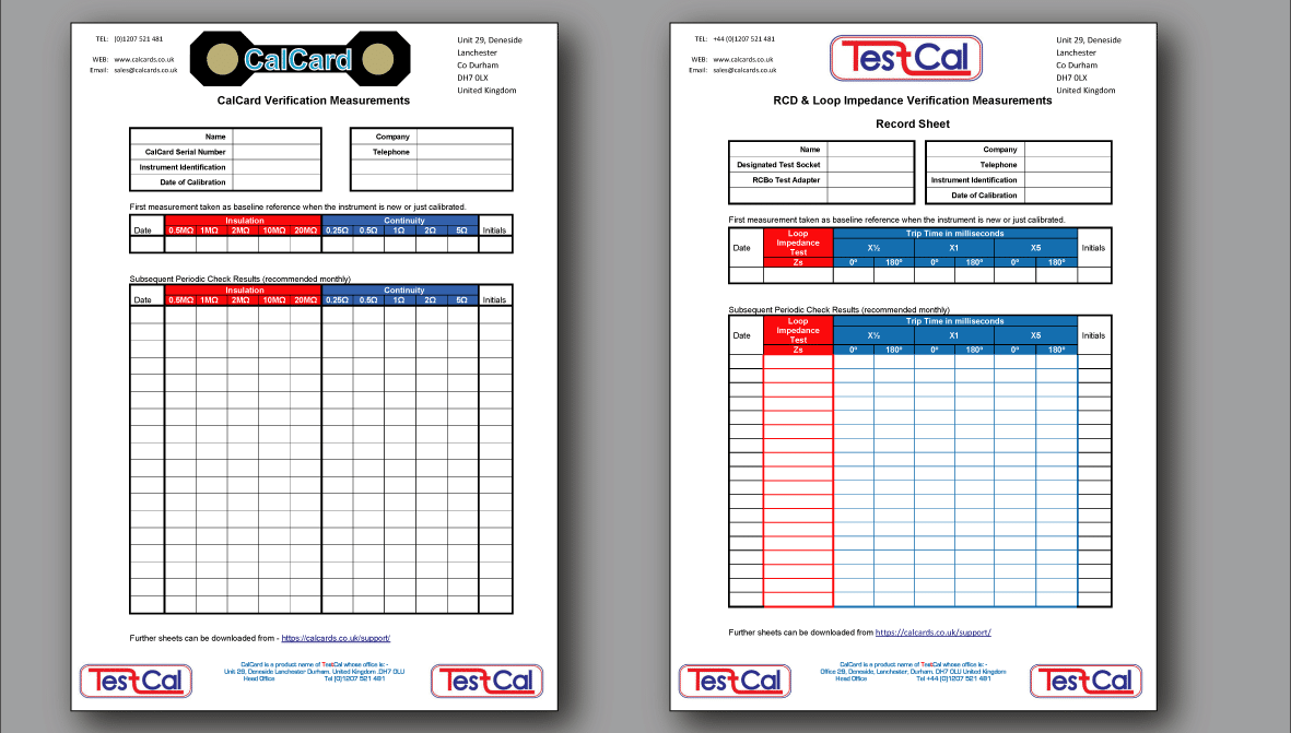 RCD and CalCard Resistance Record Sheets